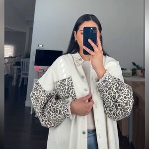 Leopard Print Denim Shacket Jacket | Cream Animal Print Button Down Oversized M